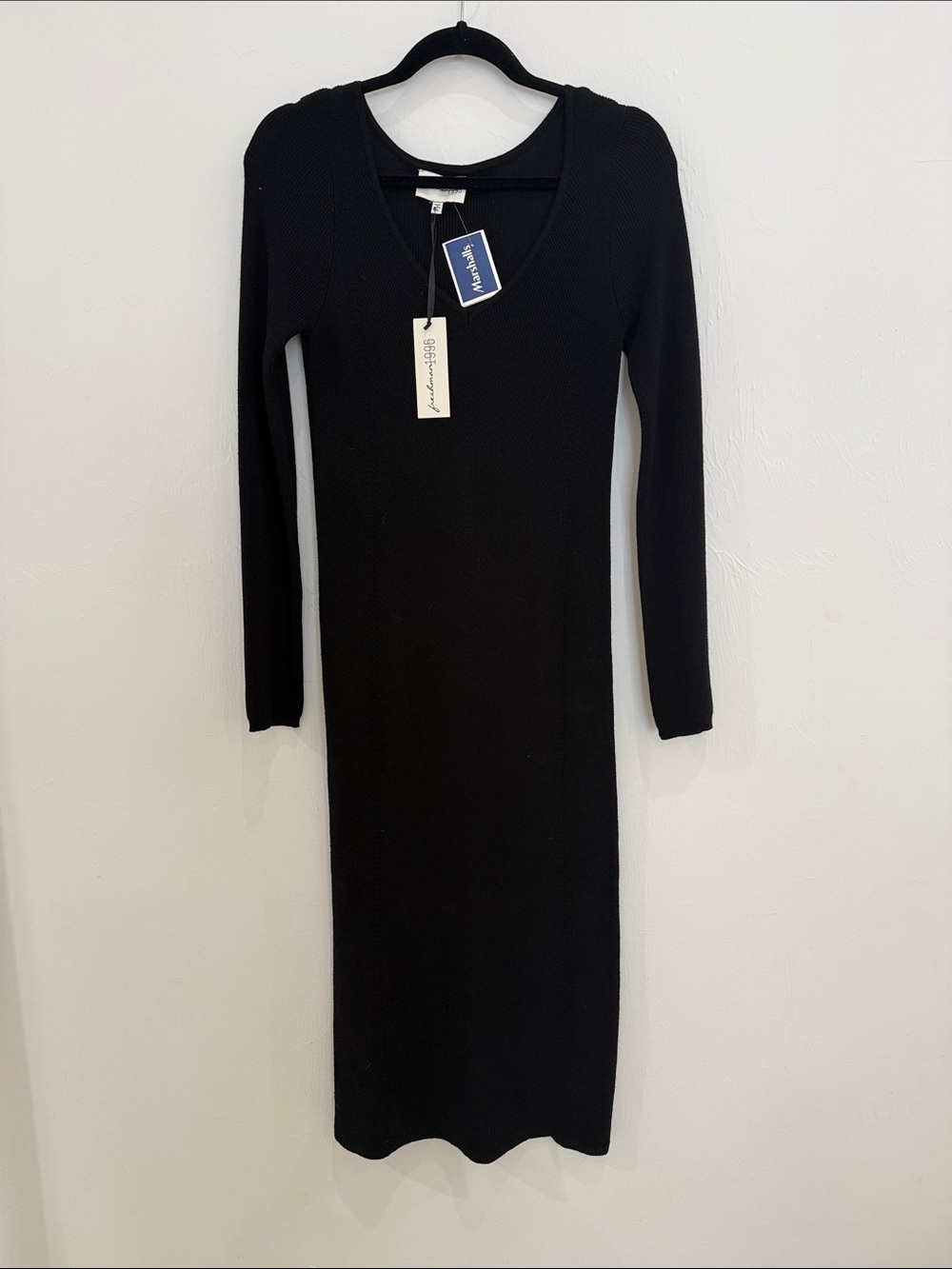 Black Long Sleeve V-Neck Ribbed Midi Dress - Unbranded